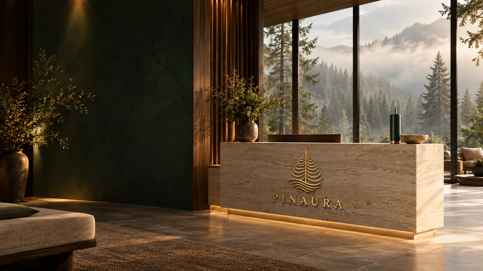 Forest-facing wellness reception with the gold Pinaura logo on a travertine desk